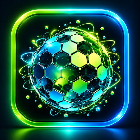 Glowing neon sphere with hexagonal pattern in lime green and cyan blue on dark background with rounded square frame