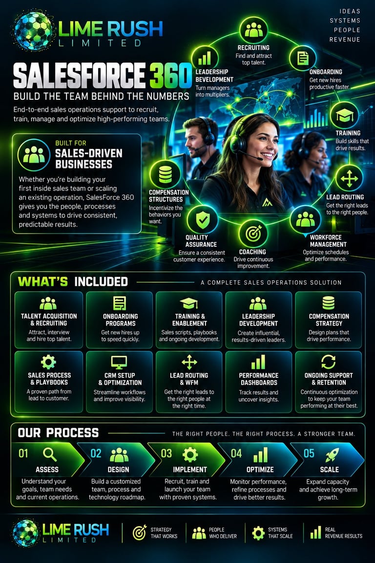 Lime Rush Limited Salesforce 360 infographic showing sales operations support, team building features, and implementation process with green neon design
