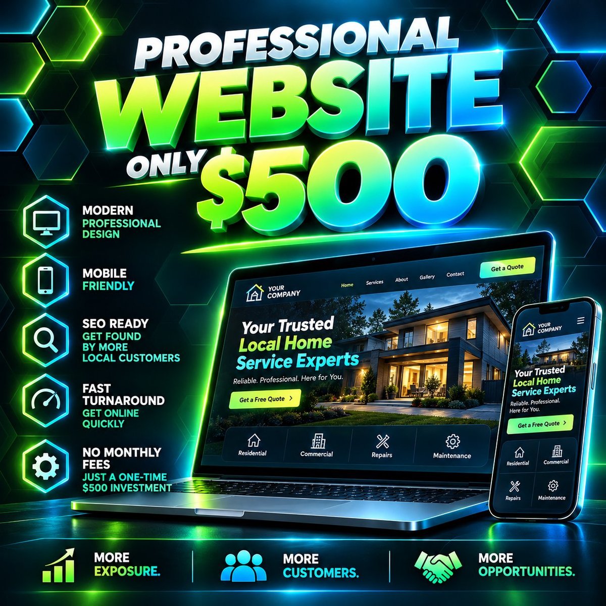Professional website design service promotion banner featuring neon green and blue graphics, pricing of $500, and displays on laptop and mobile devices