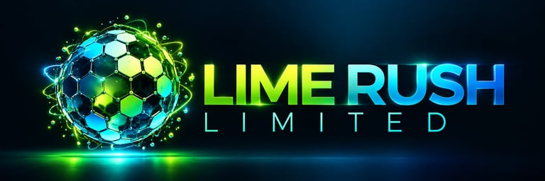 Lime Rush Limited logo with glowing soccer ball and neon green and blue text on dark background