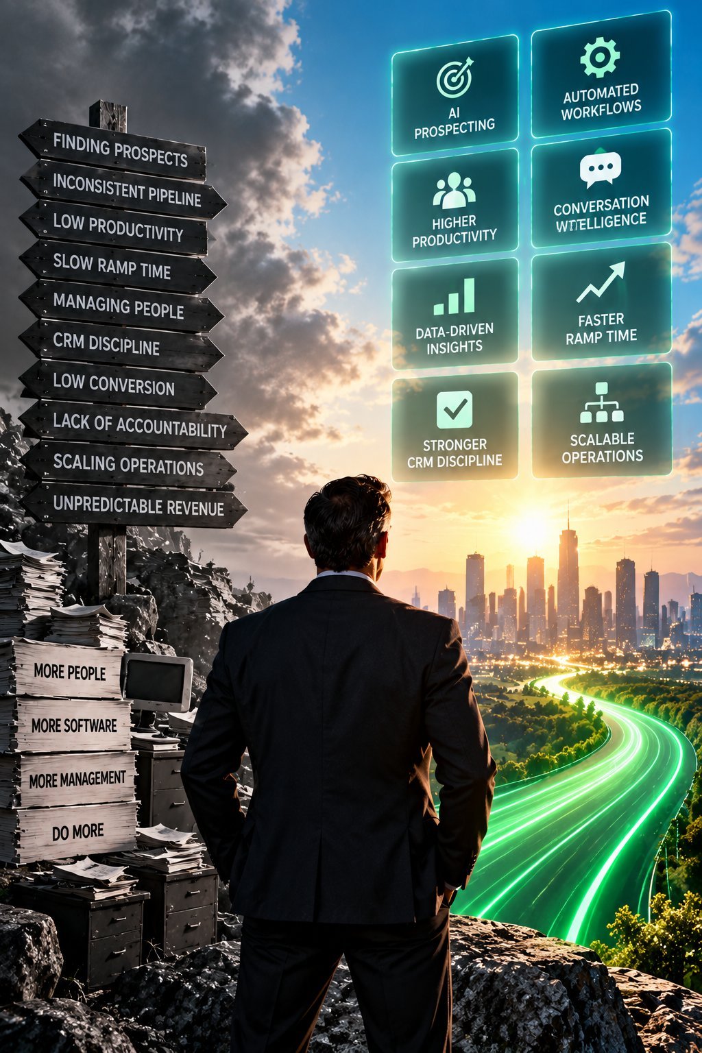 Businessman standing on a cliff overlooking a city, with business challenges on one side and growth solutions with green neon icons on the other
