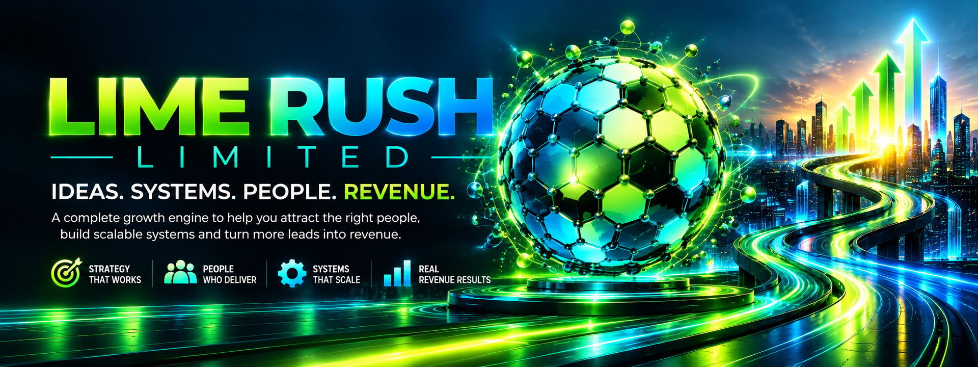 Lime Rush digital marketing banner with glowing soccer ball, neon cityscape, and tagline: Ideas. Systems. People. Revenue.