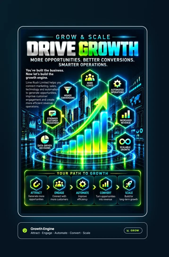 Drive Growth infographic showing business expansion framework with growth metrics and five-step path: Attract, Engage, Automate, Convert, Scale