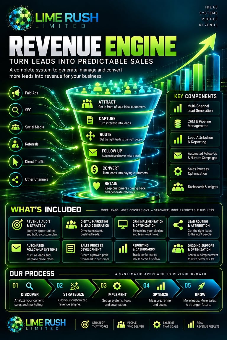 Lime Rush Limited Revenue Engine infographic showing lead generation funnel with growth arrow and key business components on dark background